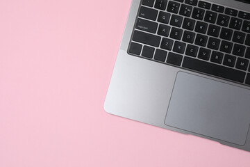 laptop on office desk. Top view with flat lay blank greeting cards for your greetings.
