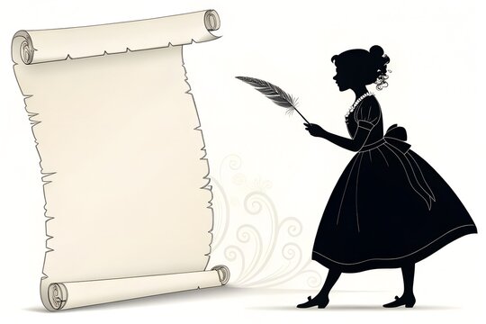 Silhouette of a historical woman elegantly holding a quill pen prepared to write upon a large, aged, and blank parchment scroll displaying significant copy space for messaging.