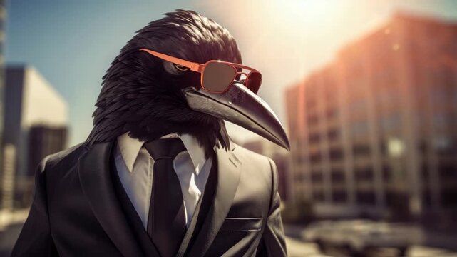 cool business raven with sunglasses on city background animation