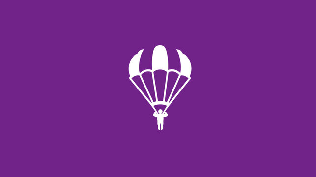 Simple graphic icon of a person parachuting, skydiving with an open parachute against a solid purple background. Adventure sports concept.