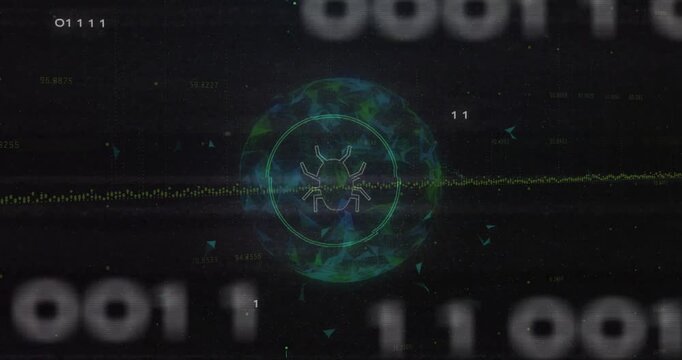 Pulsing waveform sweeping traces sliding amid binary digits forming ring around bug sphere securing