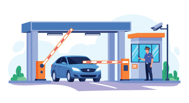 Car passing through an automated checkpoint with a security guard in a booth monitoring the entrance and exit boom barriers.