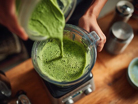 Hand pou fresh green smoothie into blender with ingredients on wooden surface for healthy nutritious beverage preparation