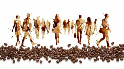 Coffee art depicting walking people made from coffee splashes and beans. Creativity and consumption of coffee concept. Use for coffee advertisement.
