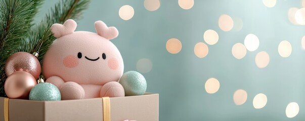  cute plush crab sits in a gift box, surrounded by colorful ornaments and festive greenery, set against a soft, bokeh background.