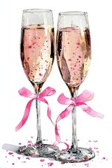 Obraz premium Two champagne flutes filled with pink bubbly, tied with pink ribbons, sprinkled with confetti for a celebration. Concept Champagne flutes, pink bubbly, pink ribbons, confetti, celebration