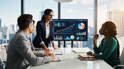 Business Meeting: Diverse Team Analyzing Financial Data on Screen