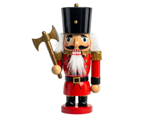 Wooden soldier in red coat and black hat, holding axe, on a black background