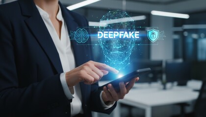 Businesswoman interacting with a digital deepfake facial recognition interface and ai brain icon on a smartphone, representing cybersecurity threats and data manipulation issues