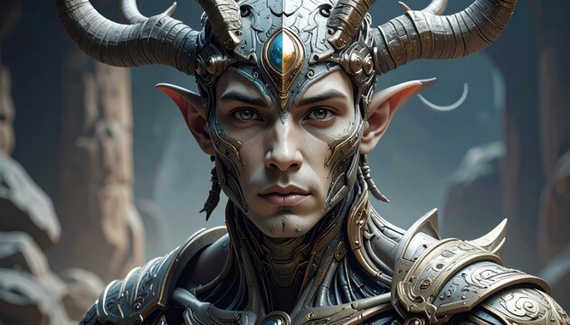 Close-up of a regal humanoid figure with horns, intricate armor, and elven features