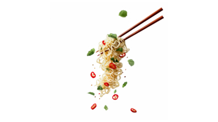 Chopsticks gracefully lifting savory asian noodles adorned with vibrant chili and fresh herbs