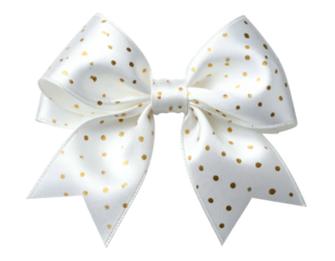 White satin bow with gold polka dots, symmetrical design, floating on black