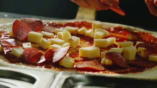 Hand places salami on sauced pizza leaving cheese cubes in grid. Chef presses topping into surface completing outer ring near rim during prep