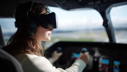 Young woman wearing virtual reality headset, experiencing an immersive flight simulation in a modern cockpit with advanced controls, exploring future recreation and training