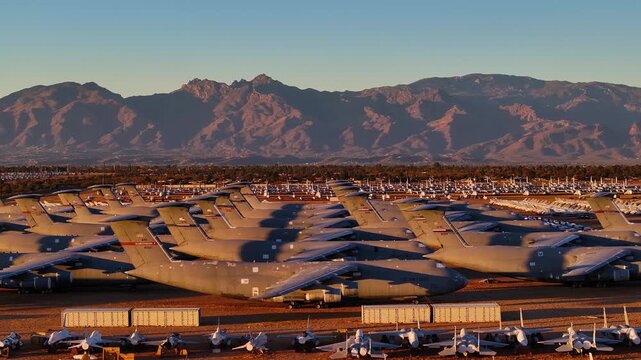 Aerial view of rows of planes at the Aircraft Maintenance and Regeneration Group, with mountains in the distance, a textural contrast, Tucson, Arizona, United States.