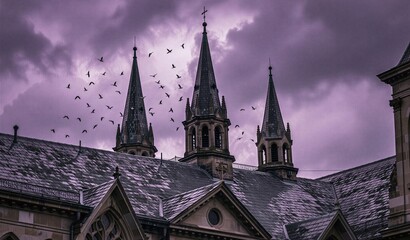 Gothic cathedral with spires and flock of birds against moody sky