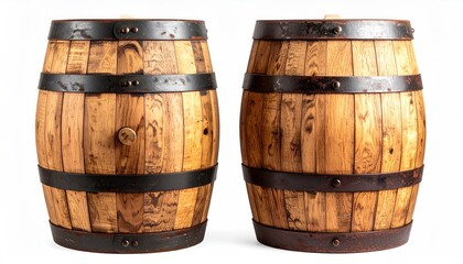 Obraz premium Two wooden containers with metal bands on white