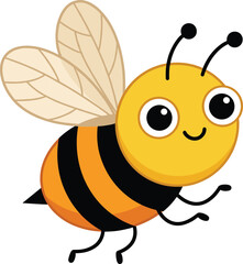 Cartoon bee icon, smiling insect illustration, striped body, transparent wings, vector graphics, children&rsquo;s theme, nature and educational design