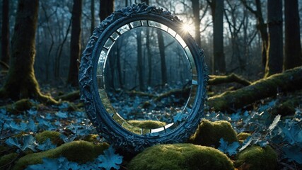 Fototapeta premium Enchanted forest scene featuring an ornate mirror reflecting sunlight amidst moss-covered rocks