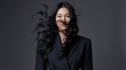 Elegant Woman with Flowing Hair in Dark Attire