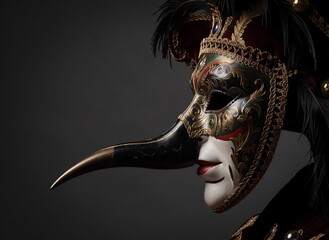 Intricate venetian carnival mask with ornate gold detailing on female face