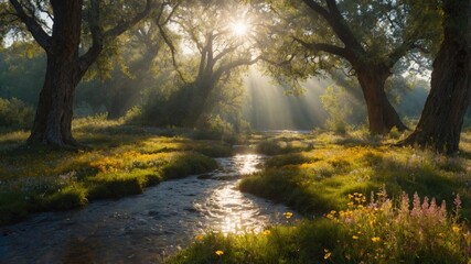 Obraz premium Serene morning light filtering through trees over a tranquil stream in a lush green meadow
