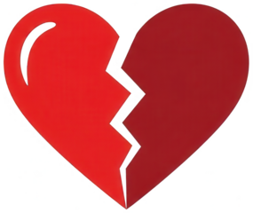 Red Heart png Broken Heart cutout Cracked Love symbol png Split Affection icon cutout Sad Emotion graphic png Hurt Romance emblem cutout isolated transparent background image