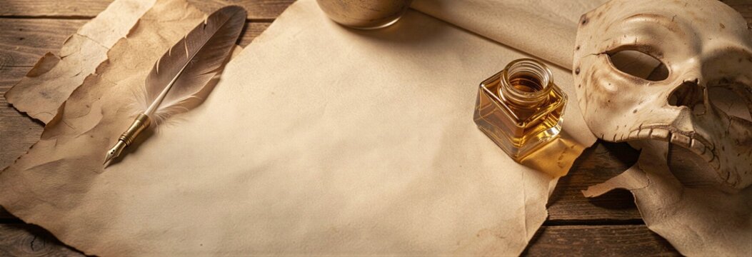 Vintage writing setup with quill, ink, and skull on wooden table