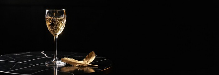Elegant sparkling wine glass on marble table with golden feathers