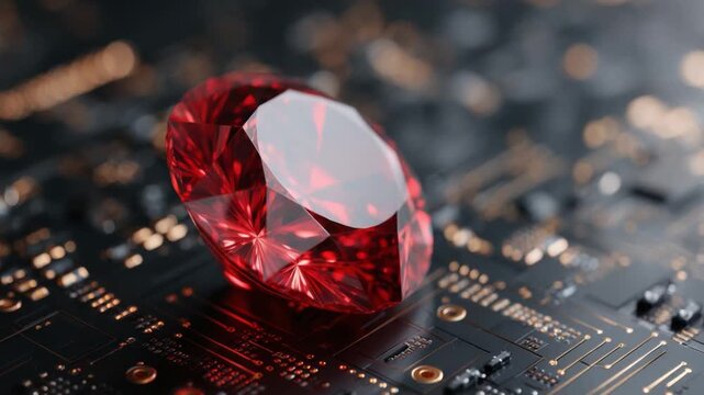 Radiant Ruby: A vibrant ruby, meticulously crafted with facets to capture the light, rests upon a detailed circuit board, representing the fusion of natural beauty with technological precision.