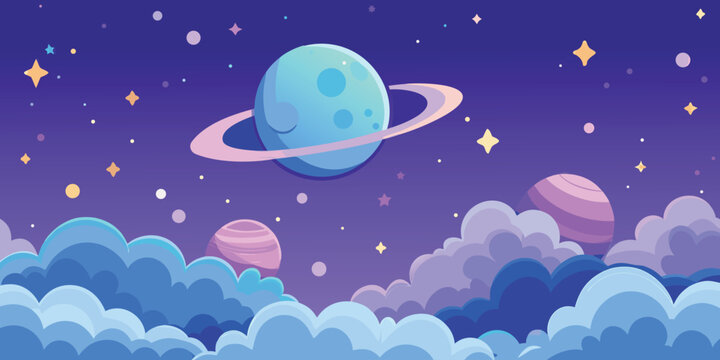 A seamless baby blue wallpaper illustration featuring a cartoon moon and stars in the night sky with space for your own design among the clouds