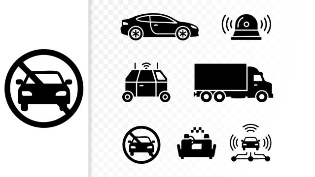 Set of 6 Minimal Autonomous Vehicle Icons Isolated White Background Self-Driving Car LiDAR Truck
