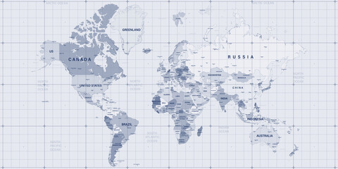 World map background overlayed with digital tech grids. © Zulfugar Karimov