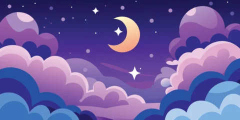 Fotobehang Violet A bright full moon and glowing stars illuminate a dark blue night sky over a peaceful winter landscape vector illustration   © Tanjir