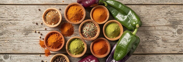 Assorted spices in wooden bowls and fresh peppers on rustic table