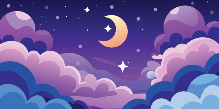 A bright full moon and glowing stars illuminate a dark blue night sky over a peaceful winter landscape vector illustration 