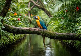 Colorful blue and yellow macaw parrot perches regally on a thick branch over a jungle canal.