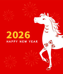 Traditional Chinese Horse paper style Illustration for Lunar New Year 2026 Background Card with Happy New Year Text