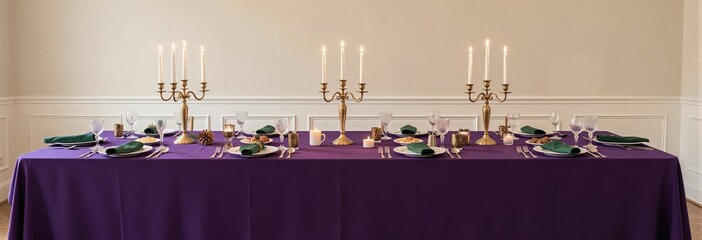 Elegant dining table with candelabras and purple tablecloth