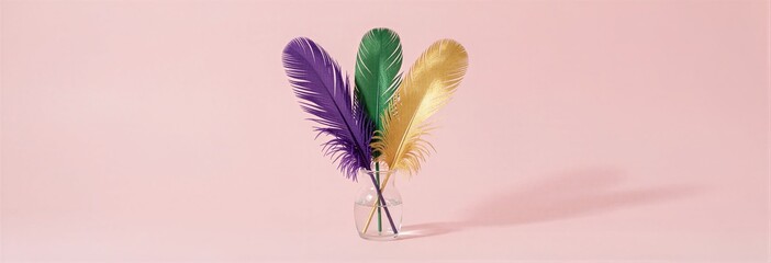 Colorful feather arrangement in glass vase on pink background