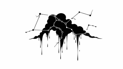 Abstract dark cloud with connected nodes and dripping effect, symbolizing connection or data flow