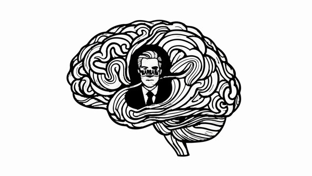 Man in suit trapped inside intricate maze of a human brain, representing complex thoughts or mental struggle.