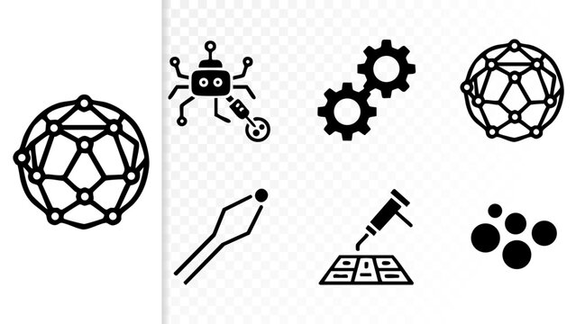 Set of 6 Minimal Nanotechnology Icons Isolated White Background Nanobot Buckyball AFM Probe