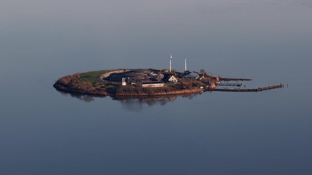 Aerial view of pampus island with wind turbines