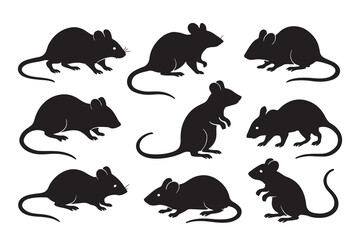 Collection of black mouse silhouettes depicting rodents in various dynamic poses.