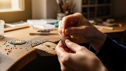 Obraz premium Close-up of hands threading a bead onto a string on a cluttered workbench with various crafting