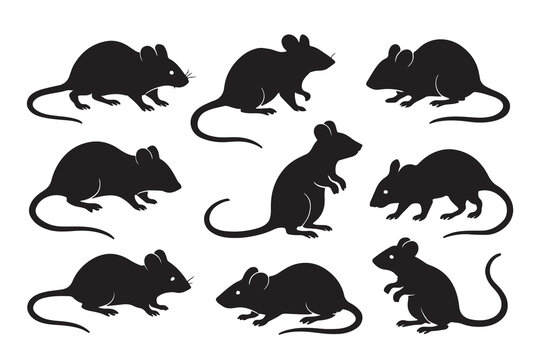 Collection of black mouse silhouettes depicting rodents in various dynamic poses.