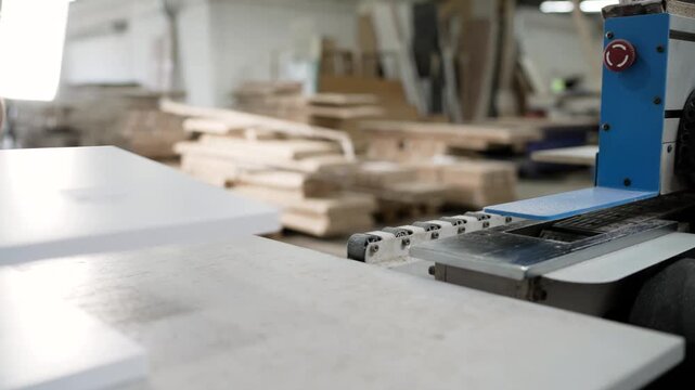 Close-up of a worker's hands taking processed wood panels from an edge bander machine in a busy furniture manufacturing workshop
