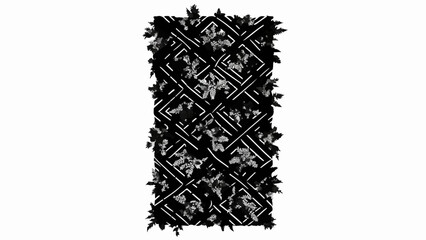 Intricate dark floral pattern with geometric overlay, creating a rich textured background.