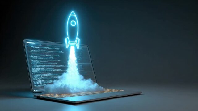 Digital Launchpad: A neon rocket launches from an open laptop screen, symbolizing innovation and technological advancement within a modern context.